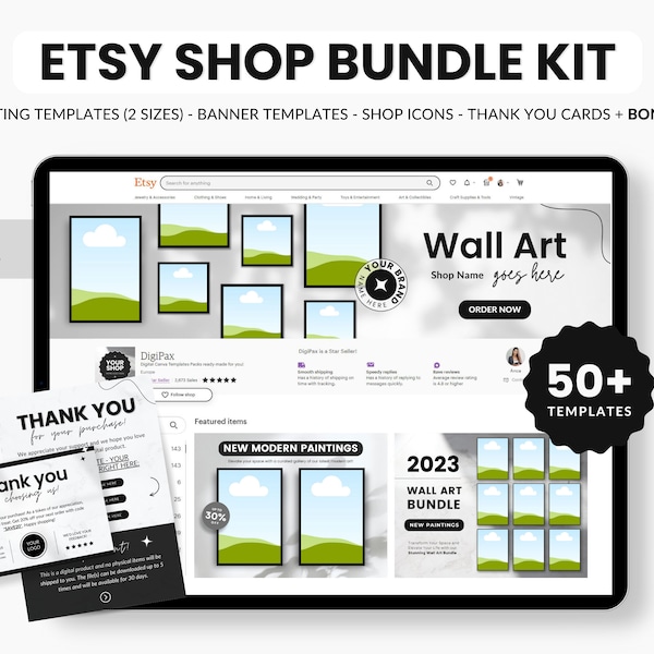 Etsy Wall Art Shop Bundle Kit, Etsy Digital Shop Branding Kit Canva, Etsy Listing Template Wall Art, Etsy Wall Art Prints Banner Templates