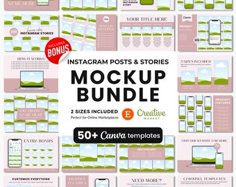 May include: A mockup bundle of 50+ Canva templates for Instagram posts and stories. The templates feature a green and blue landscape design with white clouds. The bundle includes 2 sizes and 3 sizes of templates. The text "Instagram Posts & Stories Mockup Bundle" is displayed in a large font.