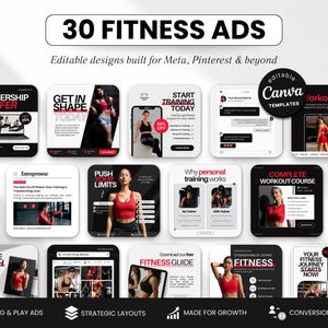 May include: A promotional graphic with the text "30 FITNESS ADS" and "Editable designs built for Meta, Pinterest & beyond." The image features various fitness-related ad templates, including membership offers, workout plans, and training guides.