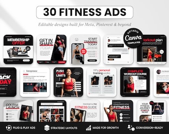 Statische advertentiesjablonen fitnesscoach Canva, metaadvertenties voor sportcoaches en personal trainers, bewerkbare Facebook Instagram-advertenties, zwart rood esthetiek