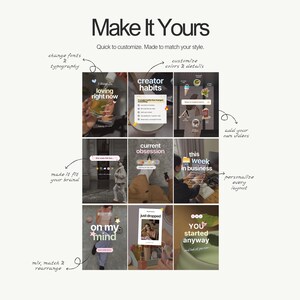Puede incluir: Una plantilla de cuadr&iacute;cula digital titulada Make It Yours, que presenta nueve ejemplos distintos de publicaciones en redes sociales con superposiciones de texto como loving right now, creator habits y on my mind, acompa&ntilde;ados de anotaciones manuscritas que explican las opciones de personalizaci&oacute;n.