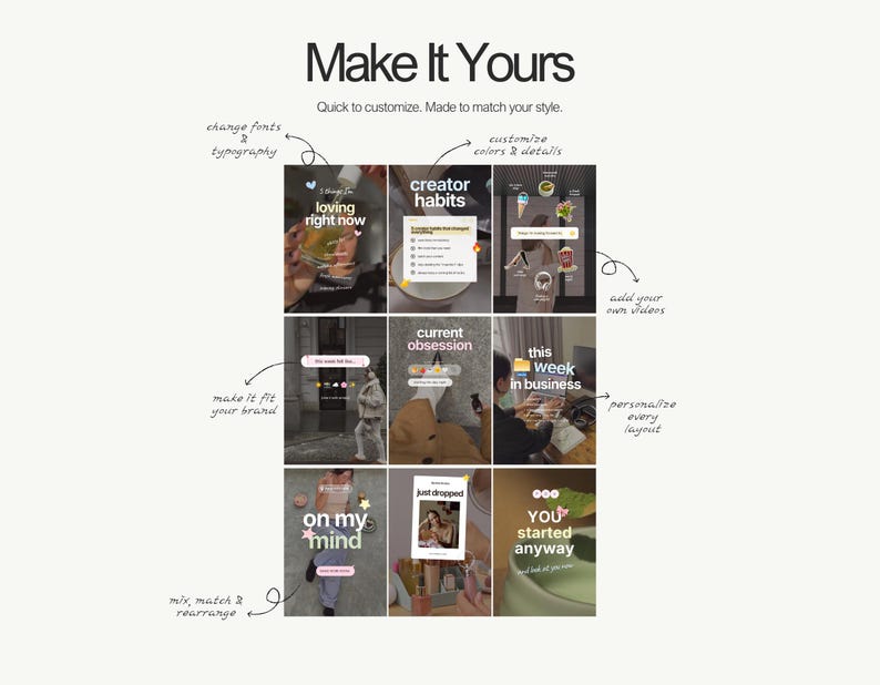 Puede incluir: Una plantilla de cuadr&iacute;cula digital titulada Make It Yours, que presenta nueve ejemplos distintos de publicaciones en redes sociales con superposiciones de texto como loving right now, creator habits y on my mind, acompa&ntilde;ados de anotaciones manuscritas que explican las opciones de personalizaci&oacute;n.
