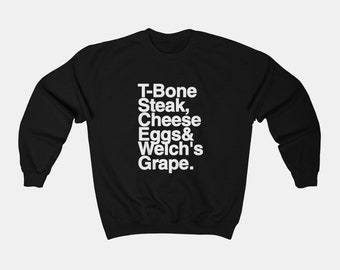 t bone steak cheese eggs and welch's grape shirt