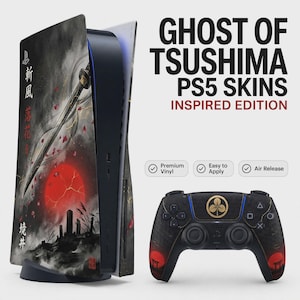May include: A Ghost of Tsushima inspired vinyl skin set for a PS5 console and controller. The console skin features a katana, a red sun, and Japanese text. The black controller skin includes a gold emblem and red sun motifs. Text reads: GHOST OF TSUSHIMA PS5 SKINS INSPIRED EDITION, Premium Vinyl, Easy to Apply, Air Release.