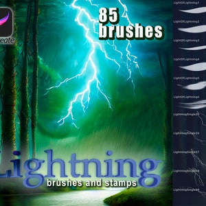 May include: A digital illustration of a stormy forest scene with lightning bolts and rain. The text "85 brushes" and "Lightning brushes and stamps" is displayed on the image.