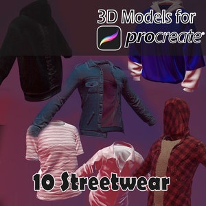 May include: 10 3D models of streetwear clothing for Procreate, including a black hoodie, a denim jacket, a striped t-shirt, a red plaid shirt, and a white jacket.