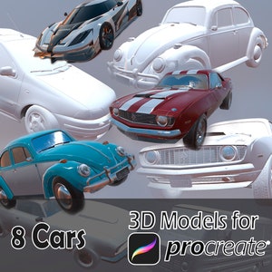 May include: Eight 3D car models for Procreate. The models include a red and white muscle car, a blue and white classic car, a white hatchback, a white classic car, and a silver futuristic car.