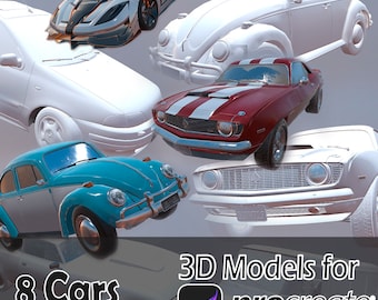 May include: Eight 3D car models for Procreate. The models include a red and white muscle car, a blue and white classic car, a white hatchback, a white classic car, and a silver futuristic car.