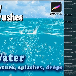 May include: 57 Procreate brushes for creating water textures, splashes, and drops. The image shows a blue water surface with bubbles and a splash. The brushes are listed on the right side of the image.