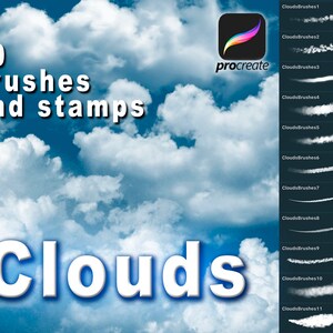 May include: 60 cloud brushes and stamps for Procreate app. The image shows a blue sky with white clouds and a preview of the brushes and stamps.