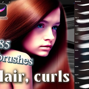Hair brushes, Strands of hairs brushset Procreate, Braid Digital hair, Hairstyle, Curls brushes, Painted hair, Brush set, Wigs, Curly hair