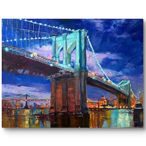 New York Painting, Original painting, Large Wall art, Brooklyn bridge, Blue artwork, New York cityscape, Oil on canvas, Modern painting