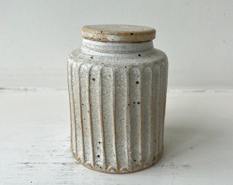 Danish studio ceramic lidded container. Wheelthrown stoneware white grooved lidded jar vase. Fluted ceramic marmelade jam pot.