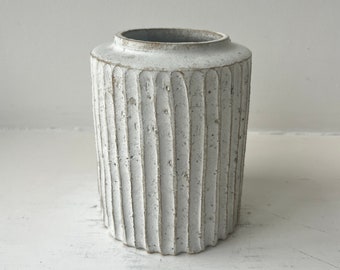 Danish studio white grooved ceramic vase. Handmade stoneware ceramic cylindrical fluted vase for a small bouquet.