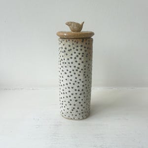 Puede incluir: Un recipiente cilíndrico de cerámica con un acabado gris claro moteado con pequeños puntos negros. El recipiente incluye una tapa a juego rematada con una pequeña figura de pájaro esculpida en un tono arcilla natural como asa.