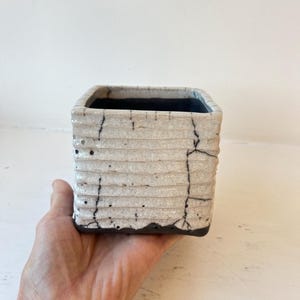 Raku fired ceramic cube indoor planter plant pot with carvings. Handbuilt stoneware ceramic plant pot. Perfect for an orchid or succulent.