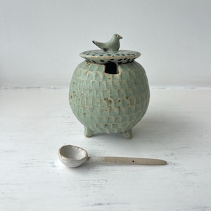 May include: A light green ceramic lidded jar with a textured, grid-like surface pattern, three small feet, and a sculpted bird handle on the lid. A matching small ceramic spoon with a white bowl and a long, slender handle rests in front.