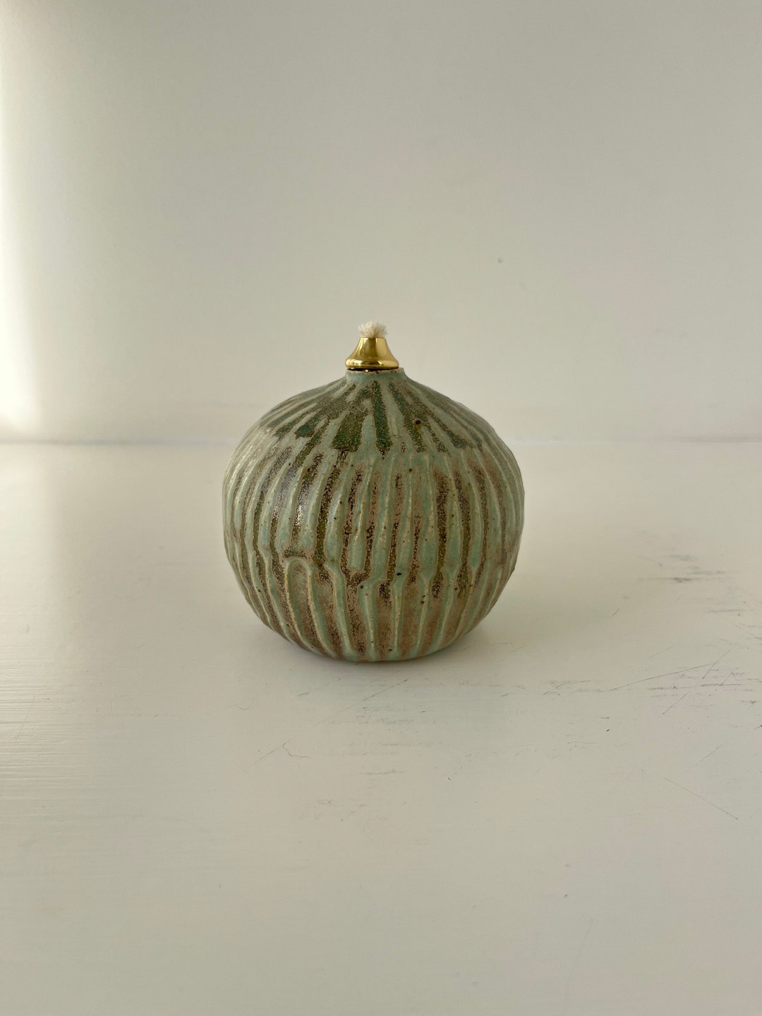 Ceramic Oil Lamp With Brass Wick Holder. Danish Studio Green Pottery