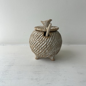 Vaso in ceramica fatto a mano con cucchiaio e coperchio a forma di uccellino, ceramica danese intagliata