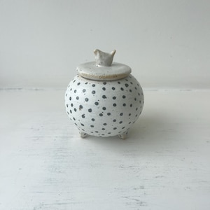 Può includere: Un piccolo barattolo in ceramica bianco e rotondo con un motivo a pois neri. Il barattolo è dotato di tre gambe corte e un coperchio abbinato sormontato da una piccola maniglia scolpita a forma di animale. La superficie ha una finitura bianca testurizzata.