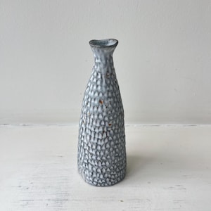 May include: A tall, slender ceramic vase with a narrow neck and a flared rim. The exterior features a textured, scale-like pattern in shades of grey and white, with small, scattered rust-colored speckles throughout the surface of the vessel.