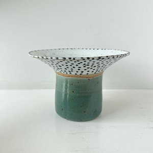 Danish ceramic green and white striped bowl dish vase with black dots. Danish studio design pottery handcrafted bowl. For snacks or flowers.