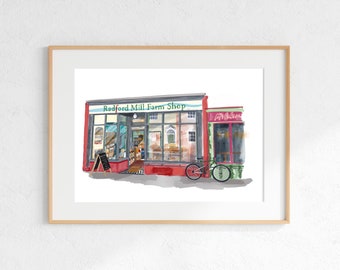 Farm shop, Street scene, Architecture,  Illustration, A4, A3, A2 Giclee print.