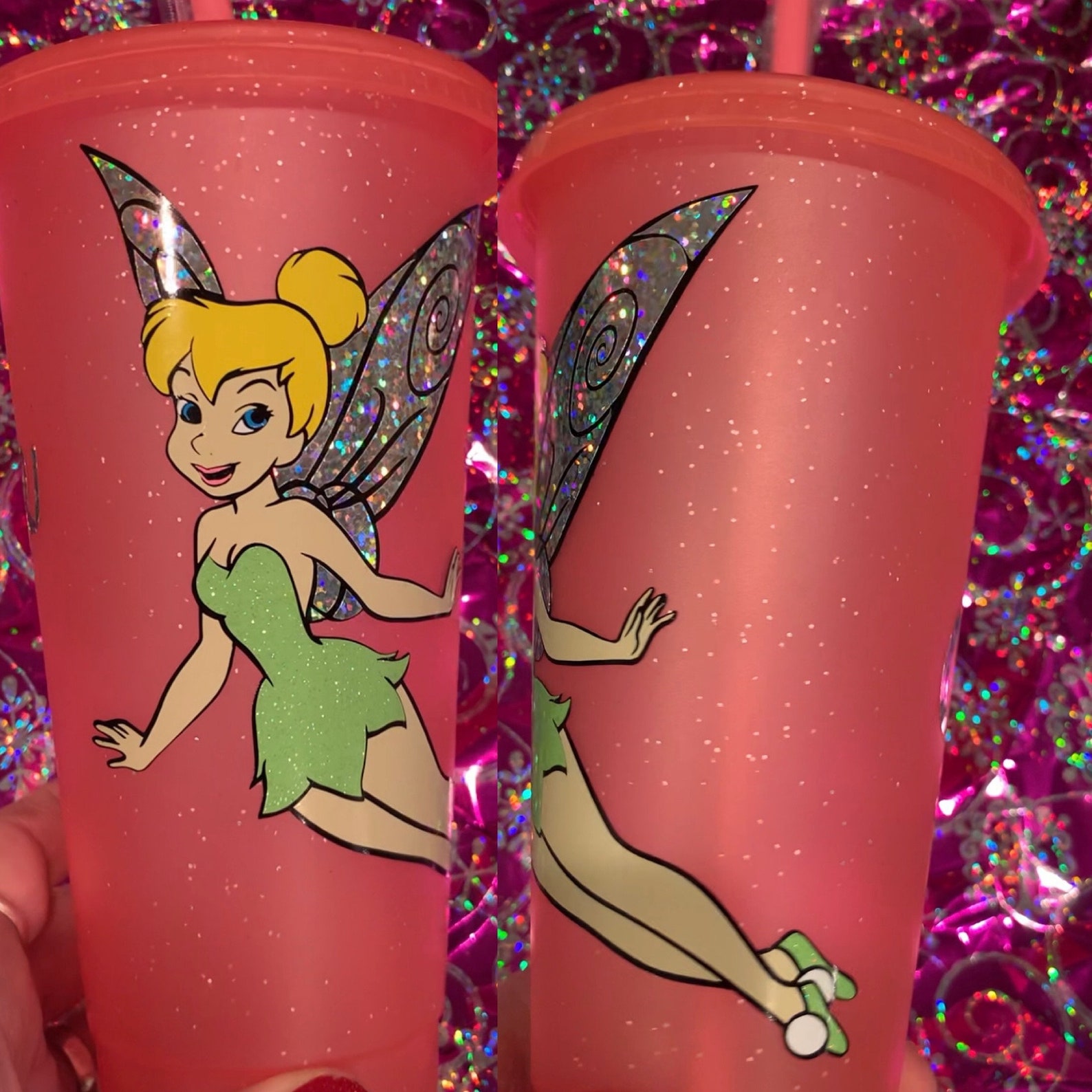 Disney Inspired Tinkerbell in Glitter Vinyl on a Pink Glitter Etsy