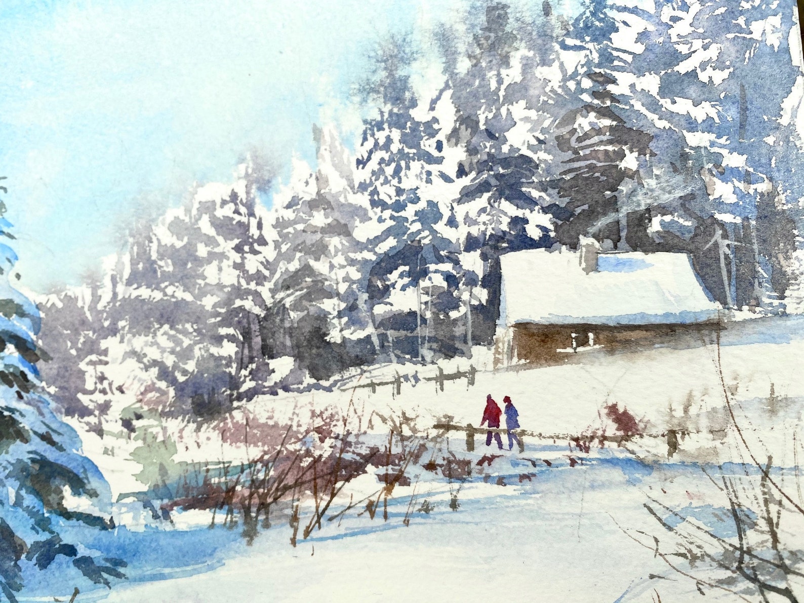 Snowy Painting Farm House Original Watercolor Winter Scene | Etsy