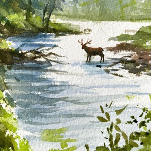 River Painting Watercolor Original River Landscape Art Deer | Etsy