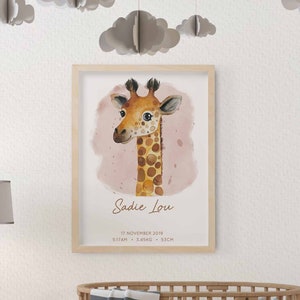Lámina de acuarela de jirafa para guardería, animal de safari, animal africano, láminas para guardería de bebés, arte personalizado para guardería, arte de retrato de animales