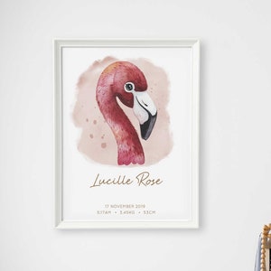 Flamingo Aquarell, Geburtsbild, Geburtsbild, Vogel, Tropische Tiere, Baby-Kinderzimmer-Drucke, personalisiertes Bild, Tierportrait