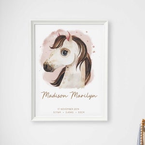 Impresión de acuarela de caballo para guardería, impresión de guardería de animales de granja, arte de pony, arte de pared para guardería de bebé, arte de guardería personalizado, retrato de animal