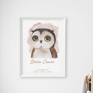 Eule in Aquarell, Geburtsbild, Waldtier, Vogel, Waldtier, Baby-Kinderzimmer-Druck, personalisierte Kinderzimmerkunst, Tierporträtkunst