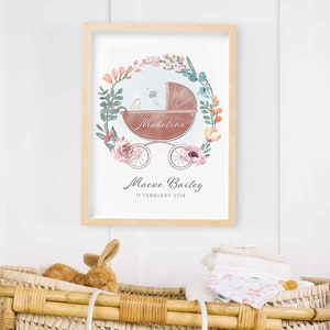 Impresión floral de nacimiento de cochecito de niña, impresión de guardería bohemia, impresión de estado de nacimiento de niña, impresiones de nacimiento personalizadas para niñas, arte de guardería para recién nacidos