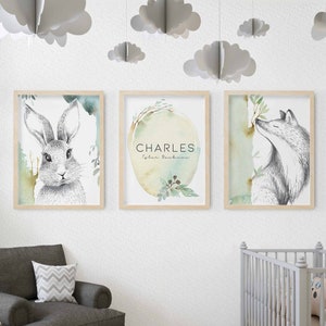 Hase und Fuchs Wald Skizze Geburt Geburtsbild, Botanische Skizze, Baby Kinderzimmer Wand Kunst, Unisex personalisierte Kinderzimmer Druck