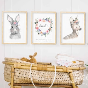 Lámina de nacimiento de guardería con diseño bohemio de conejo y ciervo, corona de corazón floral, juego de láminas artísticas para guardería de bebé, lámina personalizada para guardería de niña