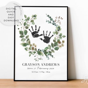 Detalle de la impresión de nacimiento de la guardería botánica, Impresión de mano de recuerdo de bebé personalizada, Impresión de guardería botánica, Arte de guardería con monograma, Póster de nacimiento