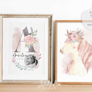 Lámina de unicornio para guardería, Lámina de nacimiento con monograma de letras florales, Arte de retrato de bebé, Juego de láminas de arte de pared para guardería, Arte de guardería personalizado para niña