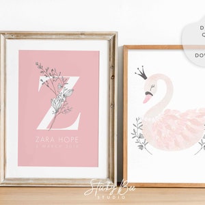 Swan nursery print, Floral letter monogram birth print, Nursery wall print set, Baby girl personalised nursery print, Princess nursery art