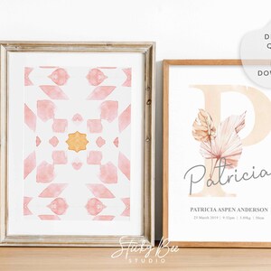 Boho Blumenbild, florales Monogramm, Geburtsbild, Marokkanisch, Botanisch, Kunst für Mädchen, Geschenk für Mädchen, personalisiertes Bild