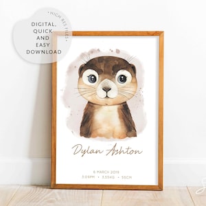 Lámina de acuarela para guardería de nutria, arte de animales de agua dulce, lámina de guardería de bosque, arte de guardería personalizado para bebé, lámina de retrato de animal