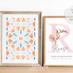 Impresión floral bohemia para guardería, impresión de nacimiento con monograma floral, marroquí, botánica, juego de impresiones de arte de pared para guardería, arte de guardería personalizado para niña
