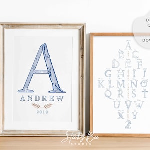 Letras del alfabeto de animales, monograma para el nombre del niño, arte azul para la guardería, arte de pared para la guardería del bebé, impresión de nacimiento, impresiones personalizadas para la guardería del niño