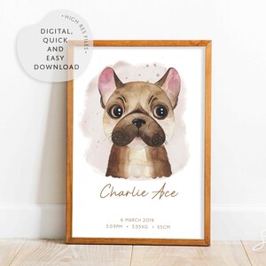 Hund Aquarell Bild, Geburtsbild, Französische Bulldogge, Haustier Tiere, Baby Portraits, Personalisierte Kinderzimmer Kunst, Tierportrait