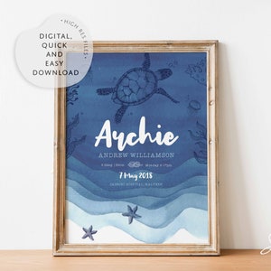 Lámina de nacimiento para guardería náutica, Lámina de guardería oceánica, Arte mural para guardería de bebé, Estadísticas de nacimiento personalizadas para niños, Bajo el mar, Póster de nacimiento para recién nacido