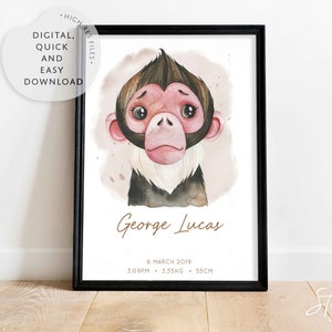 Affen Poster im Aquarell-Stil, Dschungeltiere Poster, Drucke zur Geburt, Baby Safari Bilder, Personalisierter Druck, Tierportrait