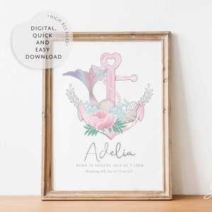 Lámina de nacimiento de sirena para guardería, lámina de ancla floral para guardería, arte de guardería oceánico, fecha de nacimiento de guardería de bebé, lámina de pared personalizada para guardería de niñas
