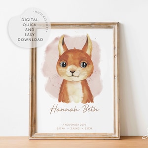 Lámina de acuarela de ardilla para guardería, Lámina de animales del bosque para guardería, Arte de bosque para guardería de bebés, Láminas de pared personalizadas, Retrato de animales