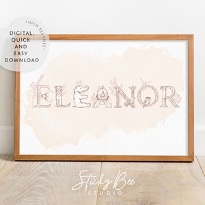 Impresión con nombre de niña y alfabeto de animales, impresión descolorida, impresión de acuarela para guardería, impresión de nacimiento, impresión para guardería de niña, arte personalizado para guardería de niña